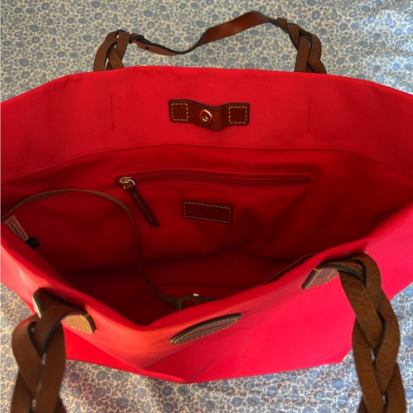 Dooney & Bourke Red Canvas Tote • Brown Leather Trim • Large Shoulder Bag - Picture 6 of 12